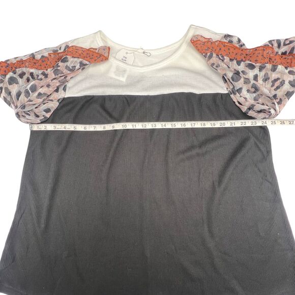Blouse Women Boutique Colorblock Contrast Panel Flowy Leopard Ruffle Cuff Sleeve - Picture 5 of 16